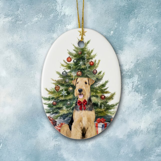 Décoration En Céramique Terrier Airedale au nœud rouge Noël (Créateur téléchargé)