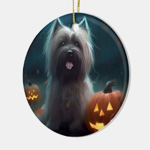 Décoration En Céramique Terrier Skye d'Halloween avec citrouilles effrayan