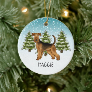 Décoration En Céramique Tervueren Airedale Terrier Chien Neigeux Forêt d'H