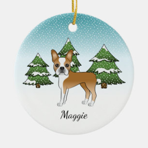 Décoration En Céramique Tervueren Boston Terrier Dans Une Forêt D'Hiver &