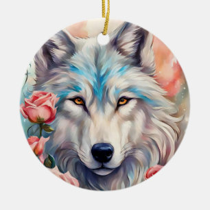 Décoration En Céramique tête de loup roses roses animal peinture