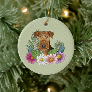 Décoration En Céramique Tête de Terrier Airedale et fleurs colorées Vertes