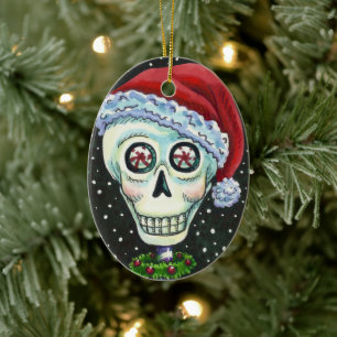DÉCORATION EN CÉRAMIQUE TÊTE MORTE PÈRE NOËL SKULL, HUMOUR SKELETON DE NOË