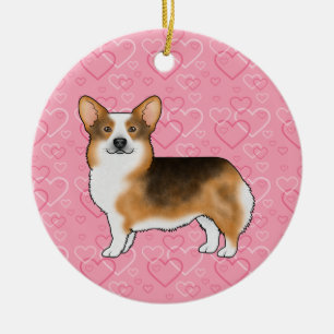 Décoration En Céramique Tête Rouge Tri Pembroke Welsh Corgi Cœurs Roses