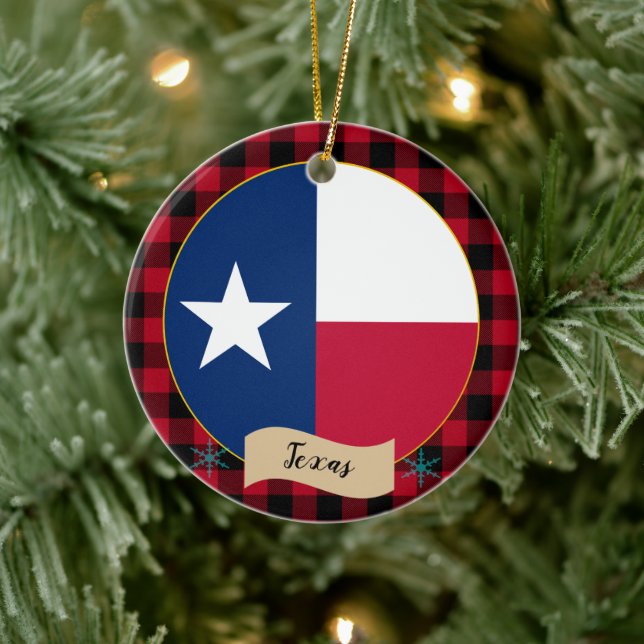 Décoration En Céramique Texas, Red buffalo plaid & Texas Flag, États-Unis (Arbre)