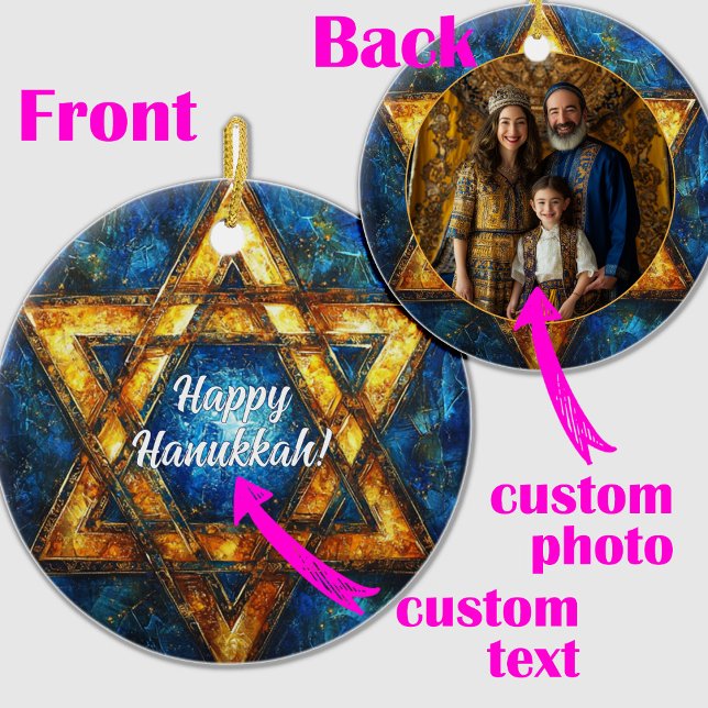 Décoration En Céramique Texte et photo personnalisés Happy Hanoukka, Star  (Custom text & photo Happy Hanukkah, Star of David Ceramic Ornament)