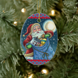 DÉCORATION EN CÉRAMIQUE TOIT PÈRE NOËL SAC DE JOUETS, DOLLHOUSE, HOBBYHORS