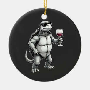 Décoration En Céramique tortue cool buvant du vin rouge impression d'art_1