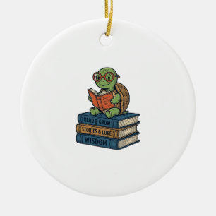Décoration En Céramique Tortue mignonne lisant sur des livres Vintage Vect