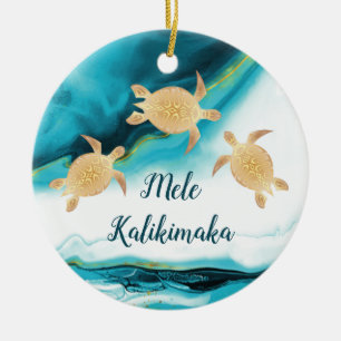 Décoration En Céramique Tortues d'or Mele Kalikimaka Noël hawaïen