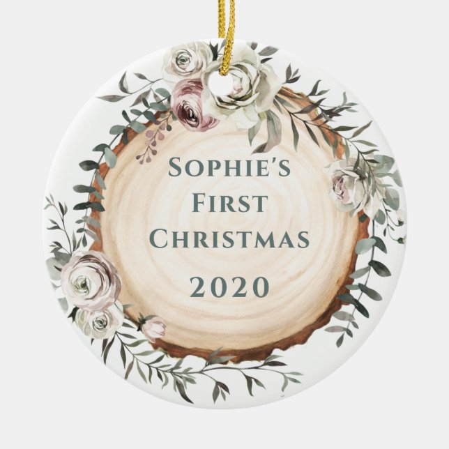 Décoration En Céramique Tranche d'arbre en bois avec fleurs | Premier bébé (Devant)