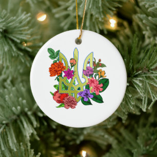 Décoration En Céramique trident tryzub d'héraldique ukrainienne fleurs en