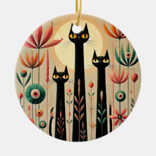 Décoration En Céramique Trois chats noirs au milieu d'un design floral vib