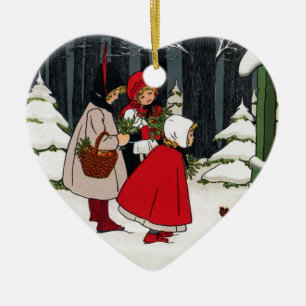 Décoration En Céramique Trois filles avec Noël de cru de gui