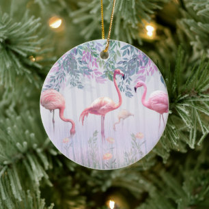 Décoration En Céramique Tropical Cute Family Pink Flamingos