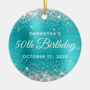Décoration En Céramique Turquoise Pailleté Argent Anniversaire 50 Ans