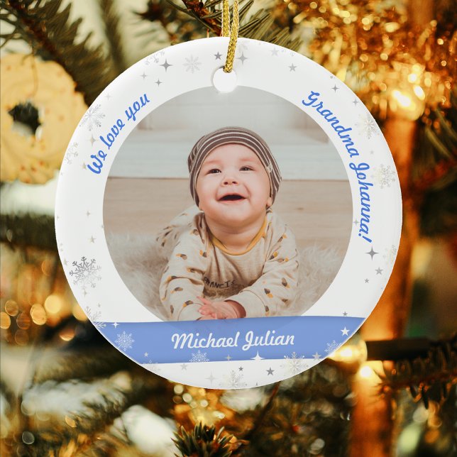 Décoration En Céramique Twin Boys Photos Grand-mère mignonne Premier bébé  (Elegant Modern First Christmas Baby Twins Boys We love you Grandma Grandmother 2 Photos Snowflakes )