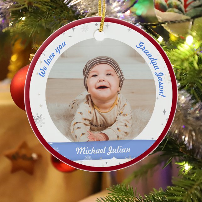 Décoration En Céramique Twin Boys Photos Grand-père mignonne Premier bébé  (Modern Elegant Cute First Christmas Baby Twins Boys We love you Grandpa Snowflakes Stars Red Frame)