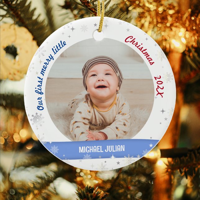 Décoration En Céramique Twins Boys 2 Photos Premier Joyeux Petit Noël (Cute Modern Elegant Personalized Our First Merry Little Christmas Twin Baby Boys 2 Photos Snowflakes)