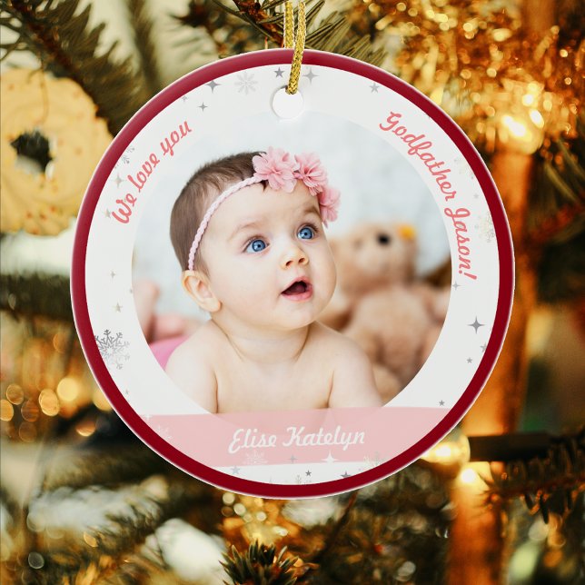 Décoration En Céramique Twins Girls Photos Parrain Premier Noël Bébé (Modern Elegant Cute First Christmas Baby Twins Girls We love you Godfather 2 Photos Snowflakes Red )