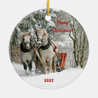 Décoration En Céramique Two Horses and Sleigh in the Snow Ceramic Ornament