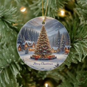 Décoration En Céramique Un arbre de Noël festif dans un village de montagn