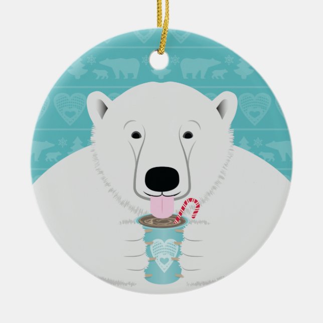 Décoration En Céramique Un Ours polaire arctique amusant sirote un chocola (Devant)