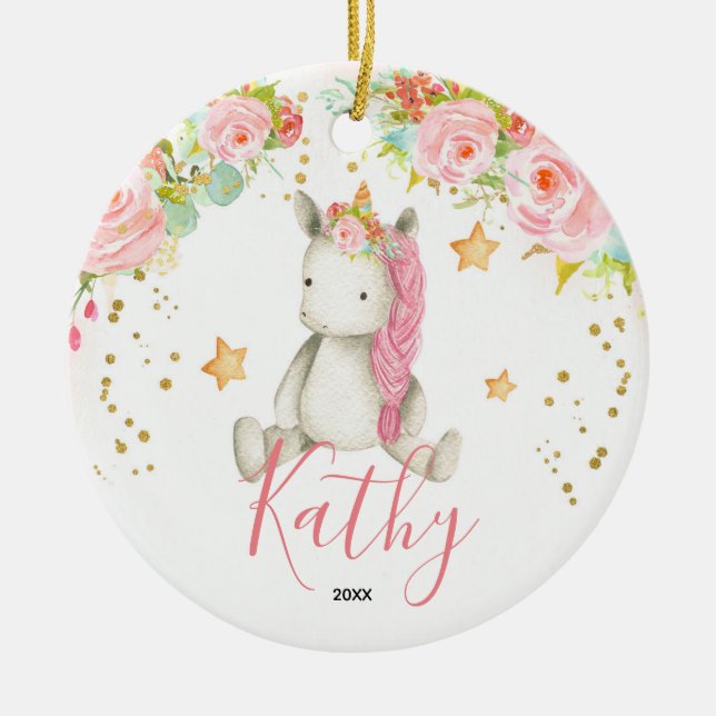 Décoration En Céramique Unicorne personnalisée Baby Girl First Ornament (Devant)