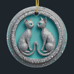 Décoration En Céramique Unique Twin Crystal Cat Ornament Jewelry Sculpture<br><div class="desc">Two mirrored cat sculptures encrusted with crystals form a circular luxury ornament,  dangling gem accents and intricate silver detailing against a teal backdrop for a glamorous,  elegant decorative concept.</div>