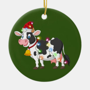 Décoration En Céramique Vache avec lumière Casquette Noël