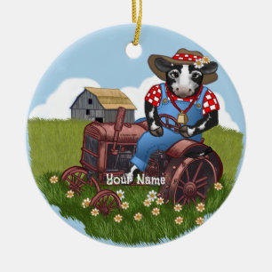 Décoration En Céramique Vache conduisant un tracteur