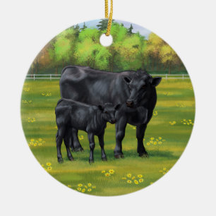 Décoration En Céramique Vache d'Angus noir et veau mou en pâturage d'été