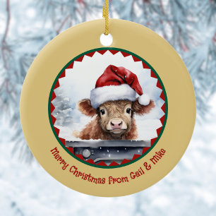 Décoration En Céramique Vache de Highland avec joli chapeau de Père Noël n