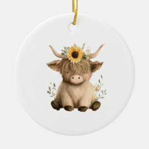 Décoration En Céramique Vache des Highlands au tournesol bohème