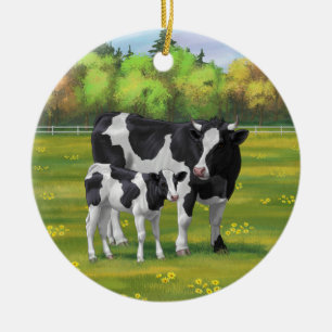 Décoration En Céramique Vache Holstein et veau mignon en pâturage d'été