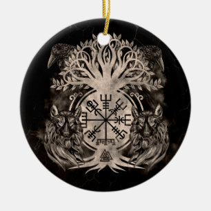 Décoration En Céramique Vegvisir -Yggdrasil Avec Ravens & Loups