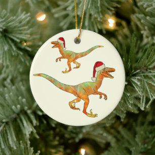 Décoration En Céramique Velociraper père Noël, dinosaure de Noël