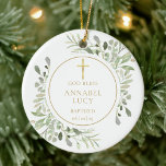 Décoration En Céramique Verdure Personnalisée Gold Boy Ou Girl Baptism<br><div class="desc">Doté de délicats feuilles d'aquarelle et d'un élégant crucifix en or,  ce baptême ou ornement de gardiens de baptême chic garçon ou fille peut être personnalisé avec vos informations spéciales événement. Conçu par Thisisnotme©</div>