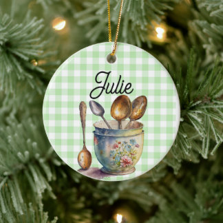 Décoration En Céramique "Vert et Blanc à Damier - Cuillères dans Tasse