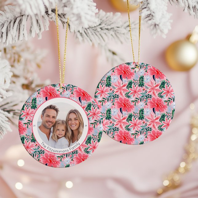 Décoration En Céramique Vibrant Pink Christmas Floral 1 Sided Photo (Pink Tropical Floral Christmas one sided photo ornament)