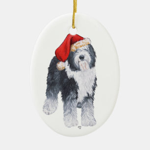 Décoration En Céramique Vieux anglais Sheepdog Santa Hat
