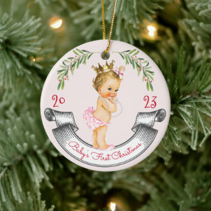 Décoration En Céramique Vintage Blonde Baby Girl First Christmas rouge ros