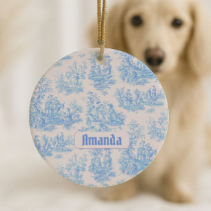 Décoration En Céramique Vintage floral bleu turquoise toile jouy monogramm