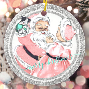 Décoration En Céramique Vintage Pink Santa + Mrs Claus Victorian Christmas