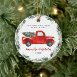 Décoration En Céramique Vintage Red Farm Truck | First Christmas Mr & Mrs<br><div class="desc">Featuring stunning hand-painted red truck, and your information on the front with your own photo personalized on the back. Remove photo to have front and back design matching if desired. A wedding ornament makes the perfect gift to mark the first Christmas a newlywed spends together. The wedding ornament from your...</div>