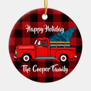 Décoration En Céramique Vintage Red pick-up truck, buffalo plaid, holiday