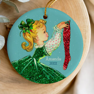 Décoration En Céramique Vintage rétro Noël vert fille rouge bas