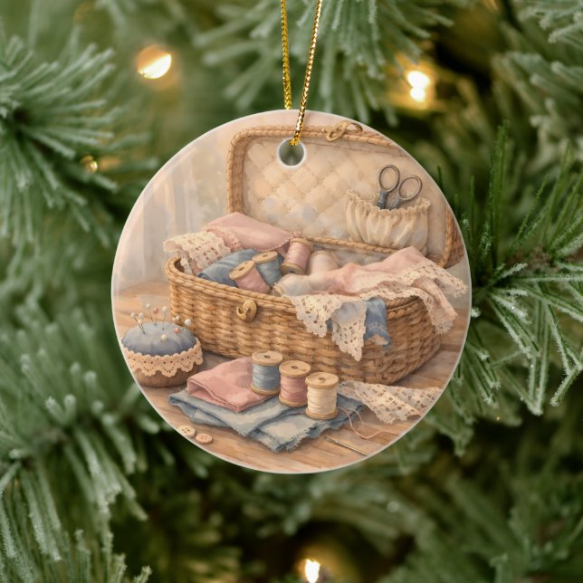 Décoration En Céramique Vintage Sewing Basket Cottagecore Pastel (Arbre)