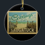 Décoration En Céramique Vintage voyage de plage de Saugatuck<br><div class="desc">Ce design de carte postale vintage de Saugatuck comprend une plage de sable avec une belle eau turquoise de l'océan et au-dessus de la mer,  un ciel bleu avec des nuages blancs lustrés. Dans un style de voyage vintage.</div>