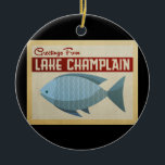 Décoration En Céramique Vintage voyage de poissons du lac Champlain<br><div class="desc">Ce design de voyage vintage Greutages From Lake Champlain présente un poisson bleu amusant aux accents rouges et une ambiance rétro des années 1960.</div>